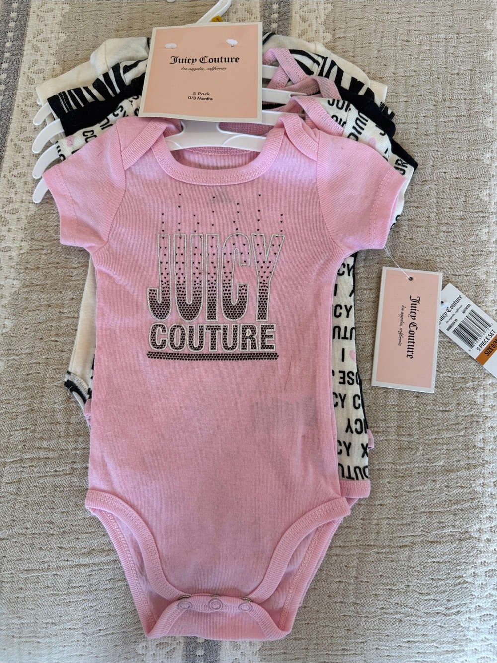 Juicy Couture Girls Pink Logo Infant One-Piece Bodysuit 5 Pack, 0-12 Months